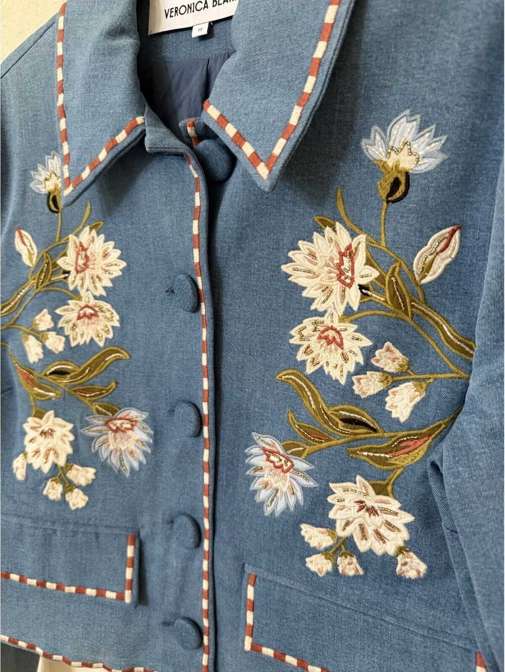 Veronica Beard Vikaria Floral Embroidery Stretch Cotton Jacket Jean Size 12 $898 - Picture 9 of 15